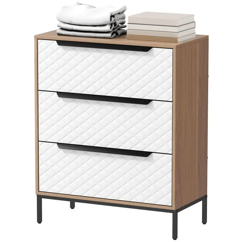 3-Drawer Fabric Chest with Diamond-Patterned Fronts – Natural and White – for Living Room, Office, or Dressing Room