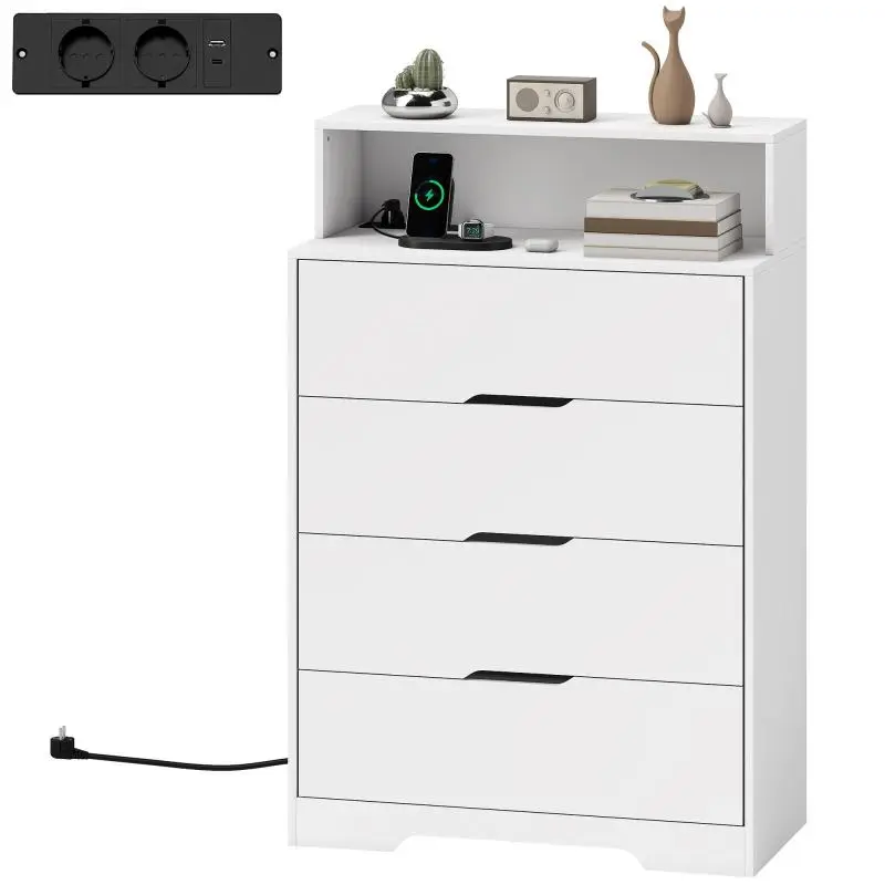 4-Drawer Bedroom Dresser with Charging Station (USB & USB-C Ports) and Open Shelf, 80x40x120 cm, White