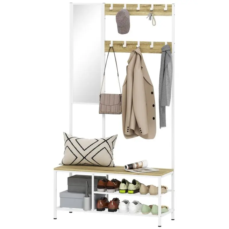 Modern Hallway Coat and Shoe Rack with Mirror, 3 Shelves, Bench, and 10 Adjustable Hooks – 98x34x186 cm – Natural Finish