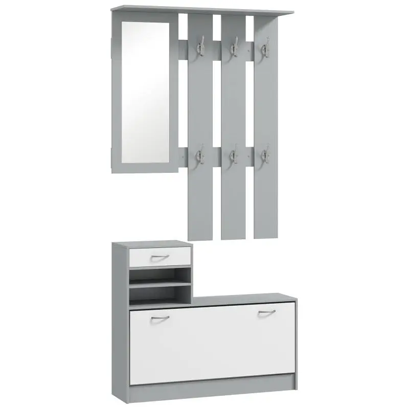 Entryway Furniture Set with Mirror, Coat Rack and Shoe Rack, 2-Piece Hallway Unit with Hooks, Shelves and Drawer, Gray
