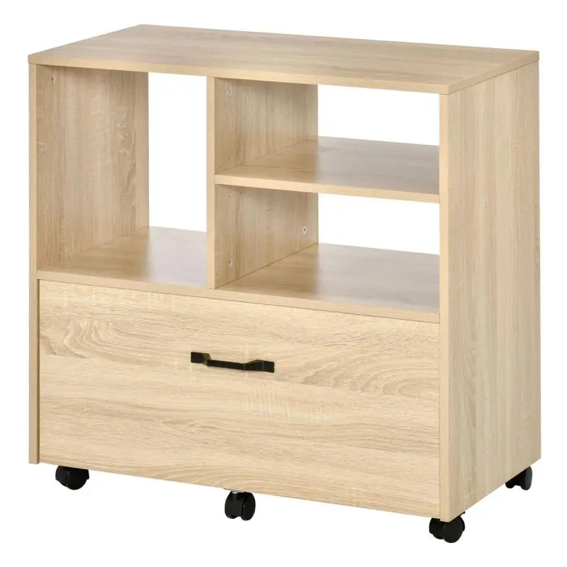 Wooden Multipurpose Office Unit, Mobile Printer Stand with 5 Wheels, Drawer, and Adjustable Shelf, 77x40x73cm, Wood