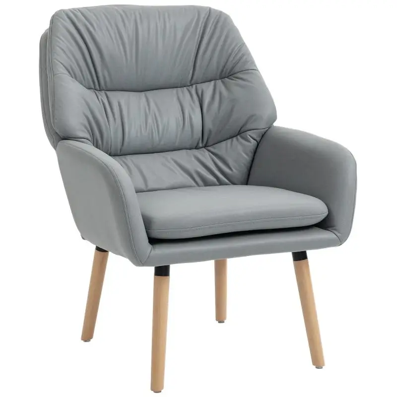 Modern Bedroom Armchair with High and Double-Cushioned Backrest, Faux-Leather Effect Fabric, Grey