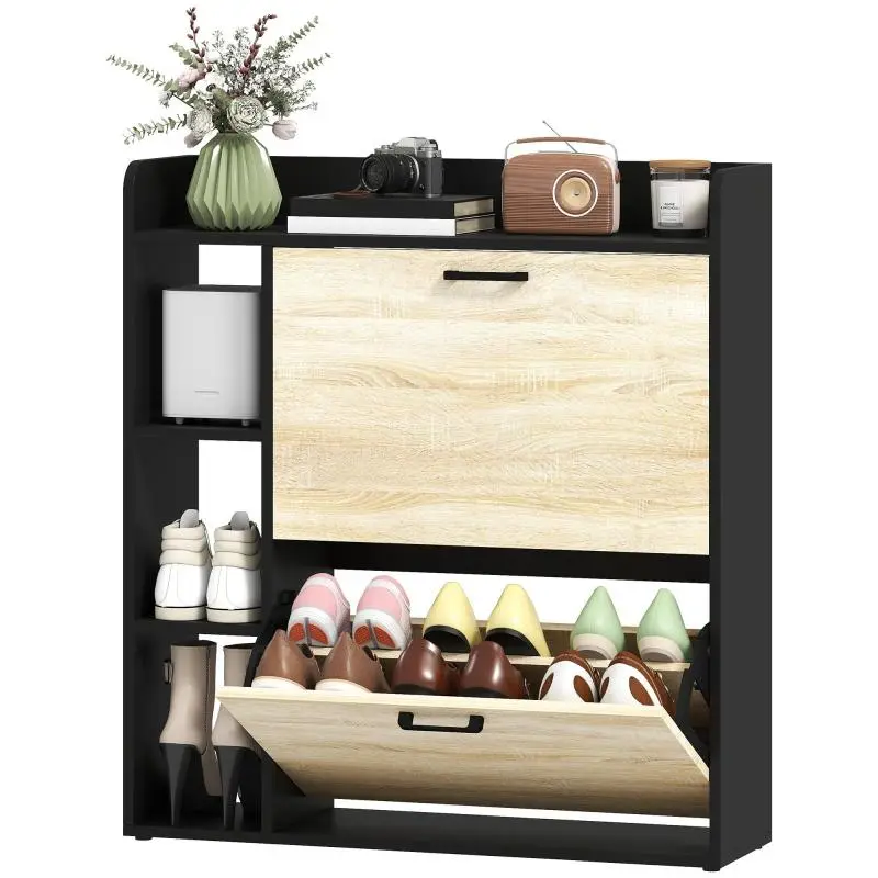 Slim Shoe Cabinet with 2 Tilt-Out Drawers and 3 Open Compartments, 15-Pair Capacity, 83x24x90.5 cm, Black