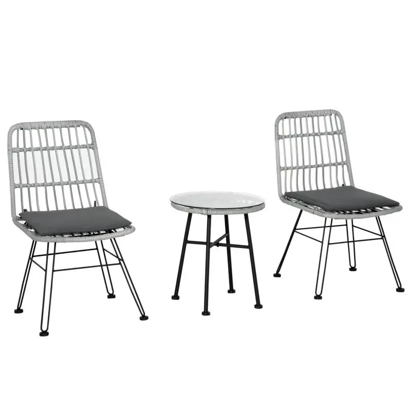 3-Piece PE Rattan and Steel Garden Table and Chair Set – Garden Bistro Set with Glass-Top Coffee Table and 2 Chairs – For Balcony, Patio, Courtyard, and Outdoor Use