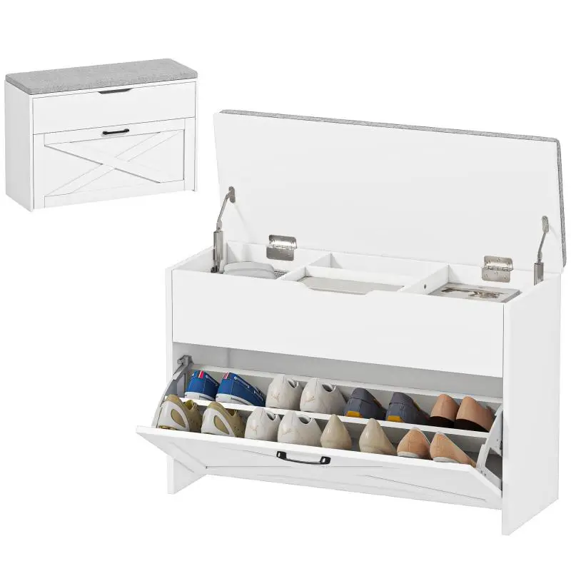 Shoe Bench with Folding Drawer and Storage, Capacity for 8 Pairs of Shoes, 80x30x55 cm, White