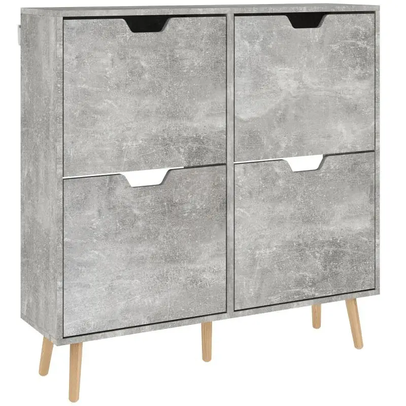 Wooden Shoe Cabinet with 4 Tilt-Out Drawers (2-Tier) for 16 Pairs, 95x26x95 cm, Grey