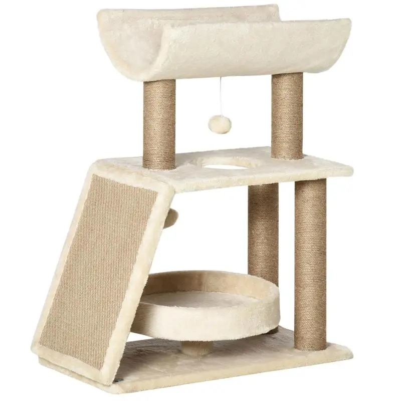 Cat Scratching Tree with Bed, Cubby, and Mat – Wood, Plush, and Sisal – 60x30x76 cm – Light Brown