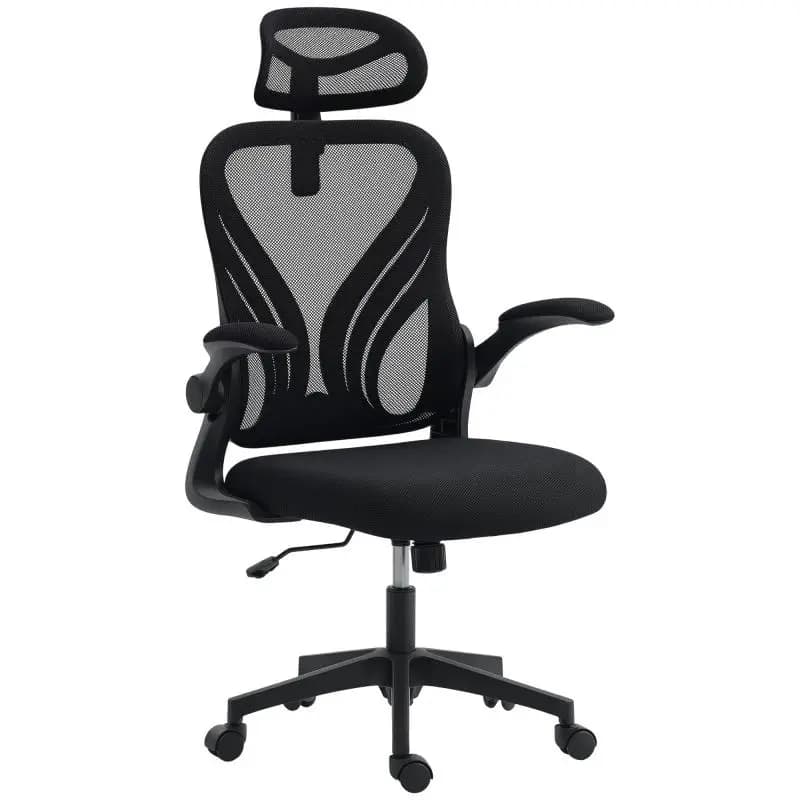 Office chair, mesh office chair, fold-down backrest, 2D headrest, flip-up armrests, 73x62x136cm, black