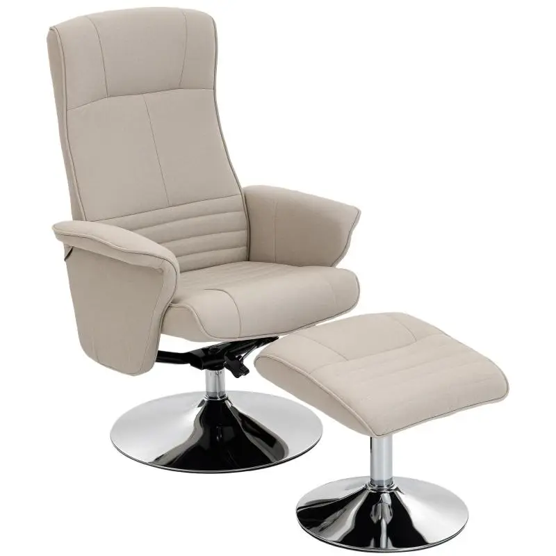 Beige fabric 135 Degrees reclining swivel armchair with footrest
