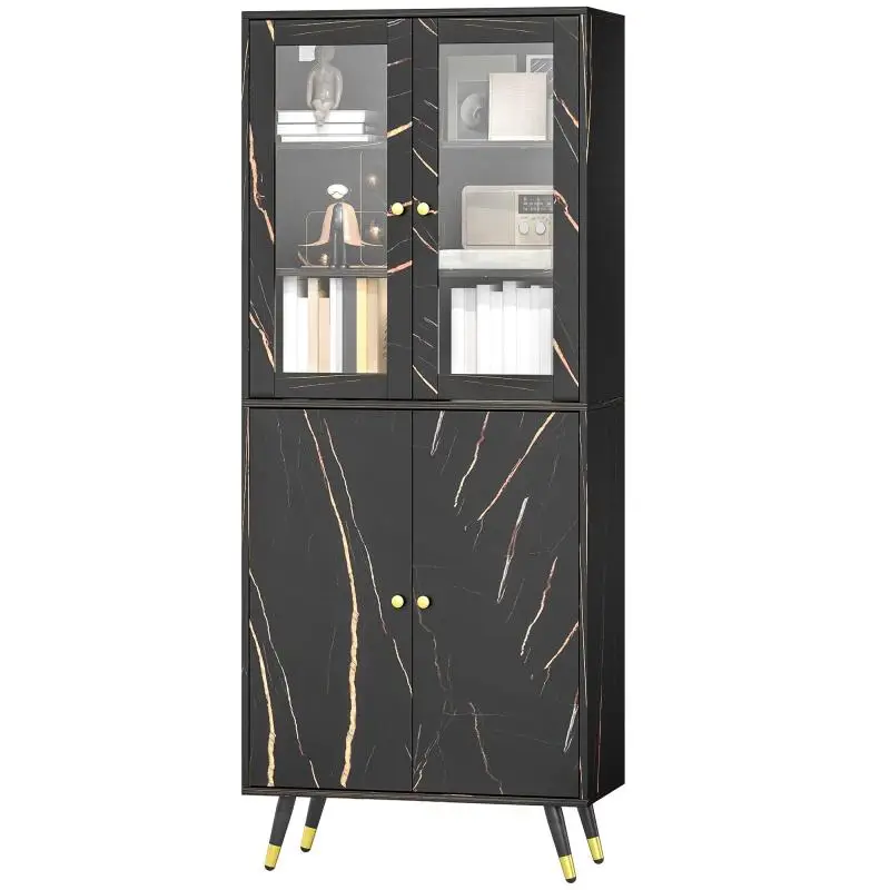 Bookcase, 6-tier shelving unit, storage furniture with 6 open shelves, glass door, and cupboard, 70 x 35 x 170 cm, black