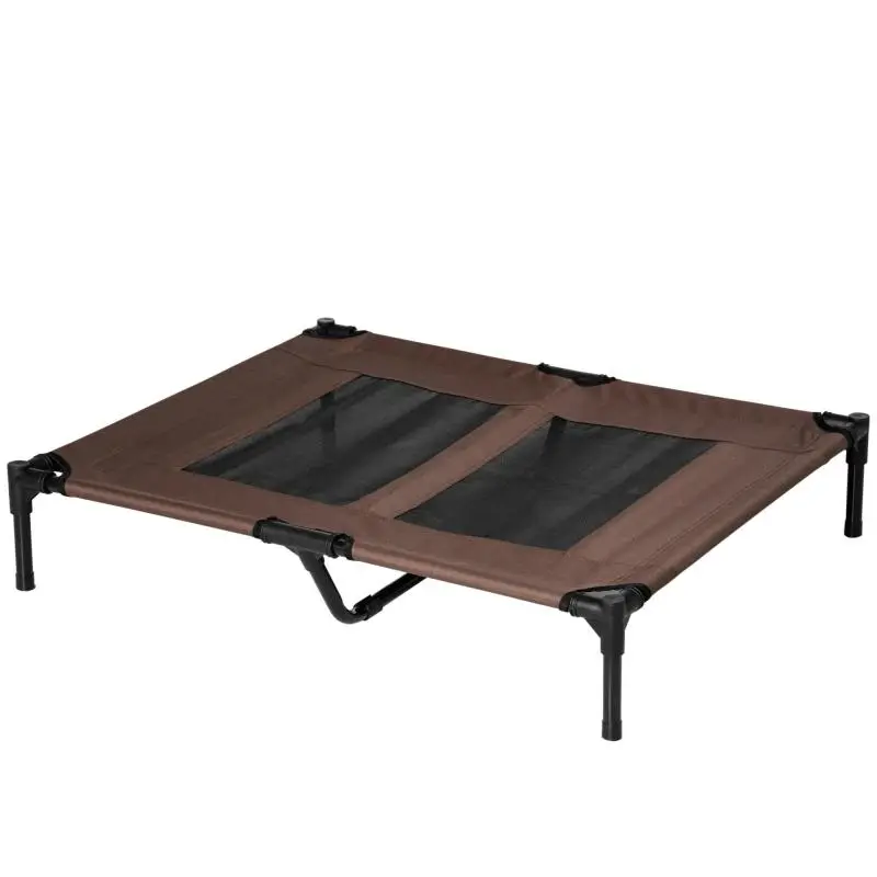 Elevated pet bed (dog/cat) – raised cot-style bed – high comfort – Oxford fabric & micro-perforated Textilene – metal frame – 92L x 76W x 18H cm – Coffee color