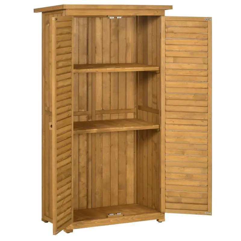 Wooden garden tool shed/cabinet – 2 shelves, asphalt roof, louvred doors – 87 x 47 x 160 cm – Natural finish