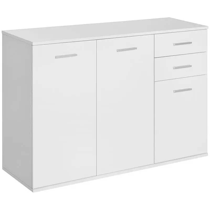 White particleboard sideboard/storage unit with 2 sliding drawers, 2 cupboards, and an adjustable shelf.