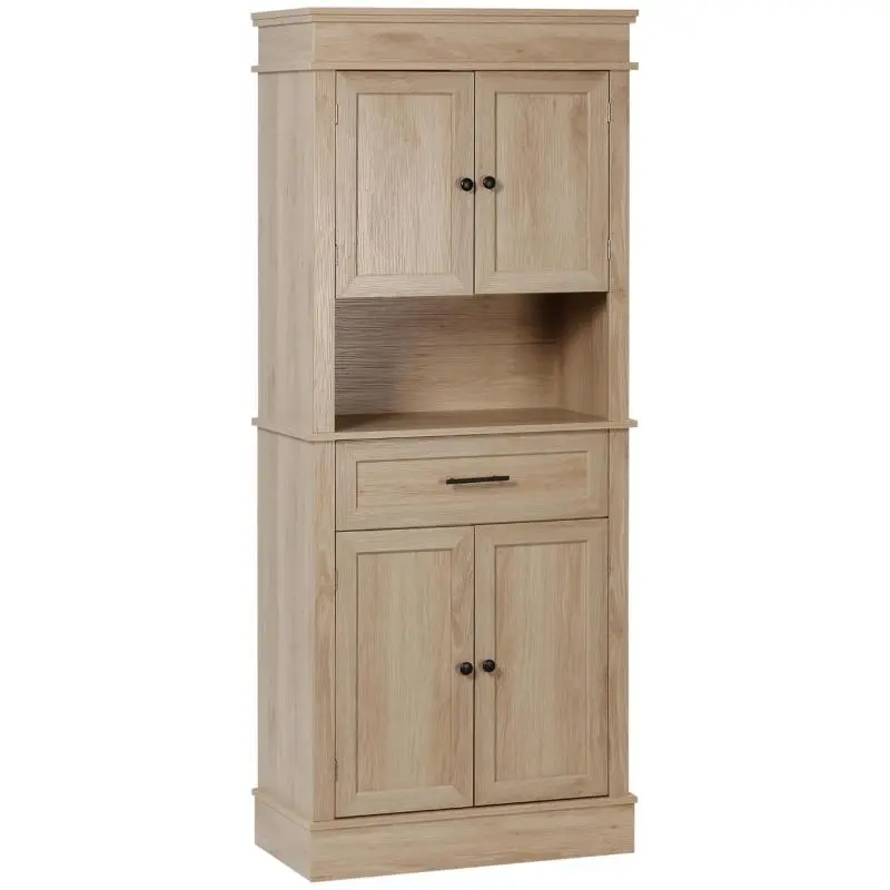 Modern-style kitchen cabinet/buffet/china cabinet/storage unit with cupboards, adjustable shelves, a drawer, and an open compartment; suitable for dining room or living room; 74 x 39.5 x 183 cm; light oak.