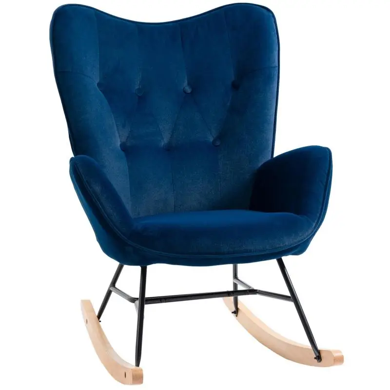 Comfortable Rocking Chair / Nursing Chair with Solid Wood and Metal Frame – Suitable for Living Room, Bedroom, or Balcony – Blue Velvet