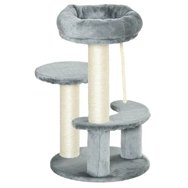 Cat tree with 2 natural sisal scratching posts, 3 platforms, and climbing rope; dimensions Ø 40 x 65 cm (H); high-density plush (500 g/m²), grey.