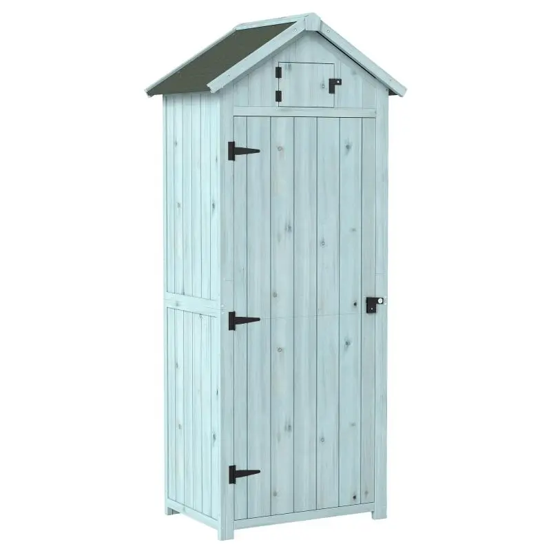 Outdoor garden shed, wooden garden shed, tool shed, 3 shelves, 2 latched doors, bitumen-coated sloping roof, 77L x 54W x 179H cm, treated fir, blue