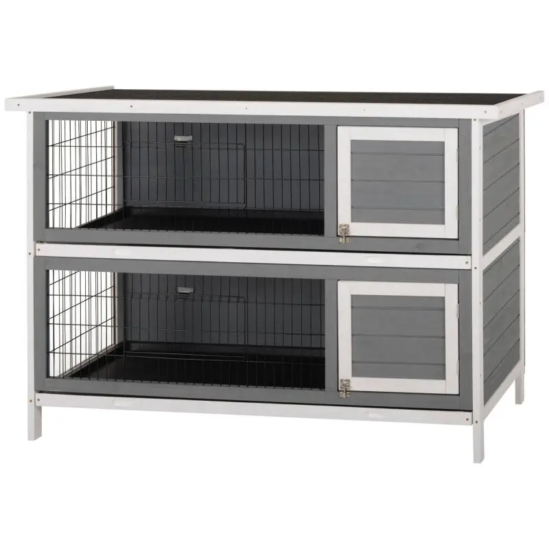 Small animal hutch for guinea pigs and dwarf rabbits, two-story, wood, grey