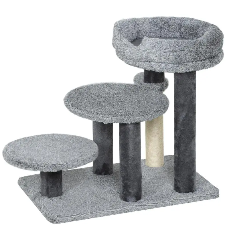 Cat tree and cat stairs, wide base, plush fabric, sisal scratching post, grey