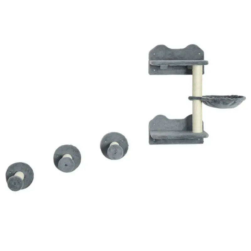Climbing Steps, Climbing Wall, Cat Stairs, 4-piece Set, with Scratching Post, Hammock, Grey and Cream White, 40 x 28 x 73 cm