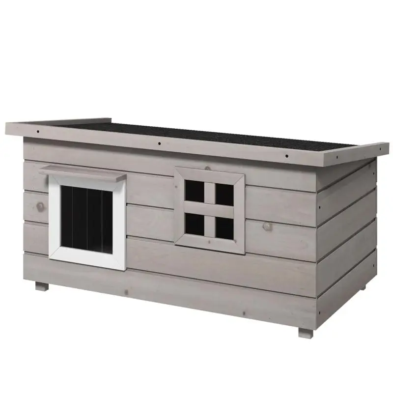 Wooden cat house, waterproof cat shelter with asphalt roof, hinged lid, window, winterproof, shelter, cat cave, outdoor cat box for garden, balcony, outdoors, 87 x 52 x 44 cm, grey