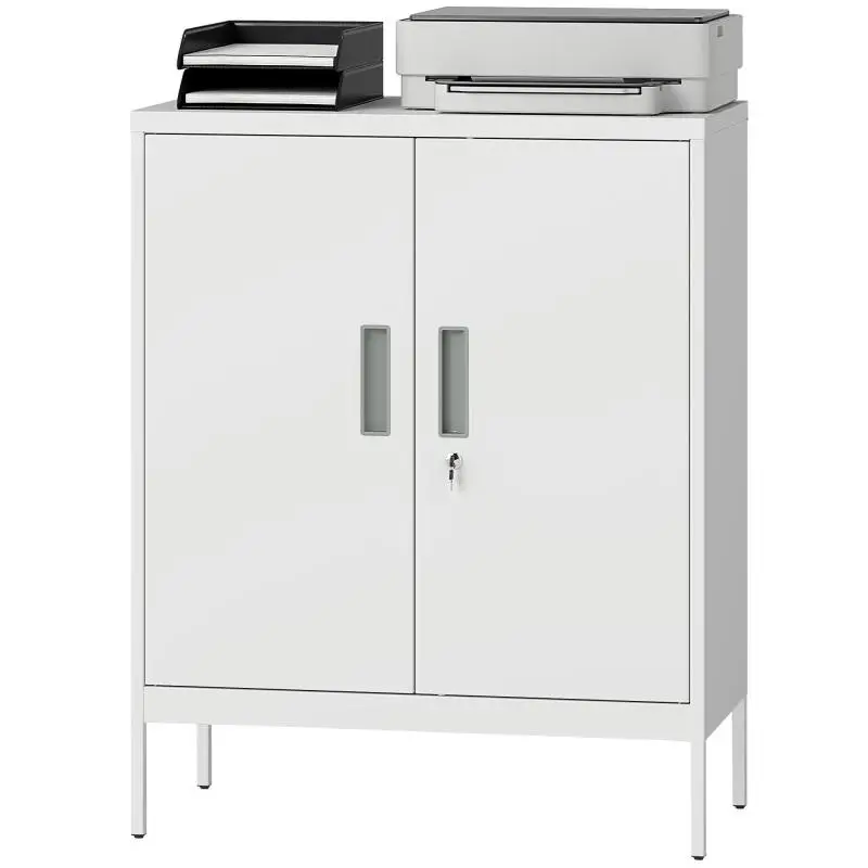 Lockable steel cabinet with 2 doors, office cabinet, adjustable shelves, for home office, living room, garage, white