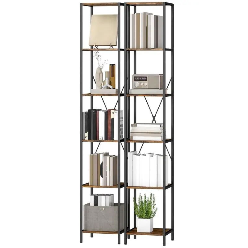 Set of 2 6-Tier Bookshelves, Steel Frame, for Living Room, Office, Bedroom, Rustic Brown