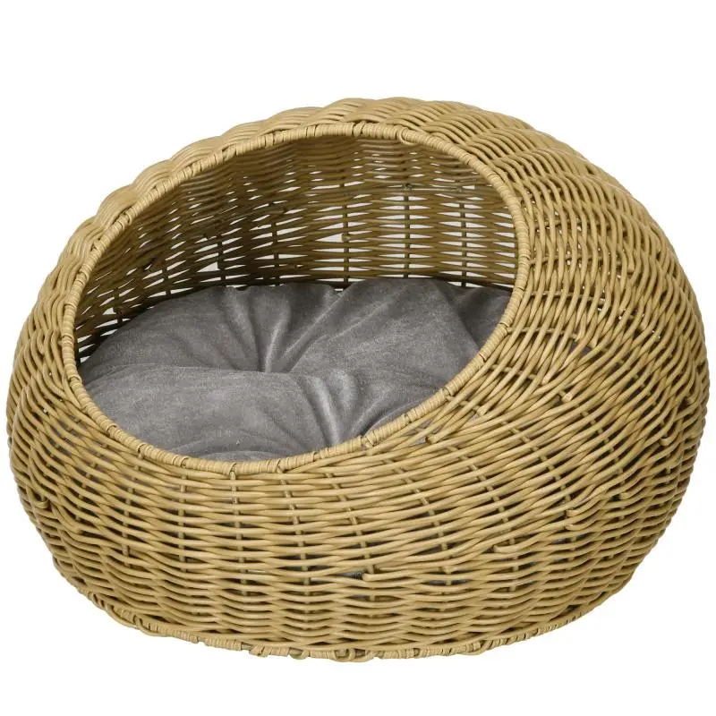 Cat Cave with Washable Cushion, for Animals up to 4 kg, Indoor Use, Artificial Rattan, 50 x 31 cm, Light Brown
