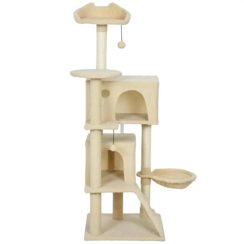 Cat tree 140 cm cat tower with hammock, ladder, cave, 2 plush balls, sisal posts, 48 ??x 48 x 140 cm, beige