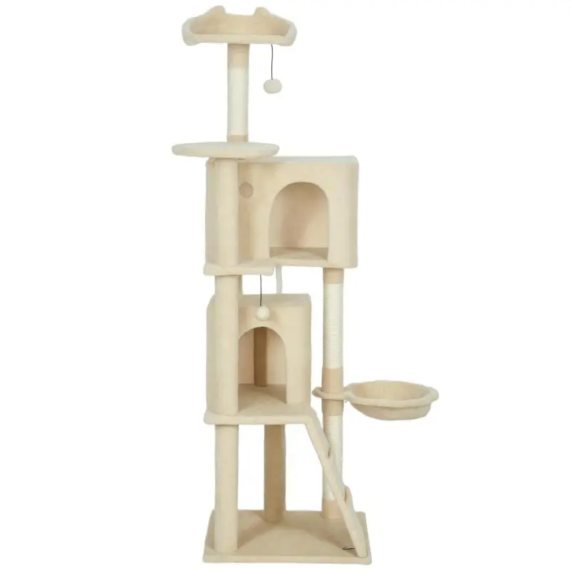 160 cm Cat Tree / Cat Tower with Hammock, Ladder, Cave, 2 Plush Balls, Sisal Posts, 48 x 48 x 160 cm, Beige