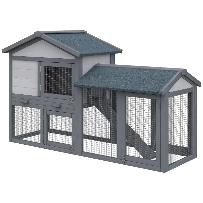 Wooden rabbit hutch, 147 x 54 x 84 cm, with weatherproof bitumen roof, run, ramp, lockable doors, outdoor rabbit cage for dwarf rabbits, dark grey