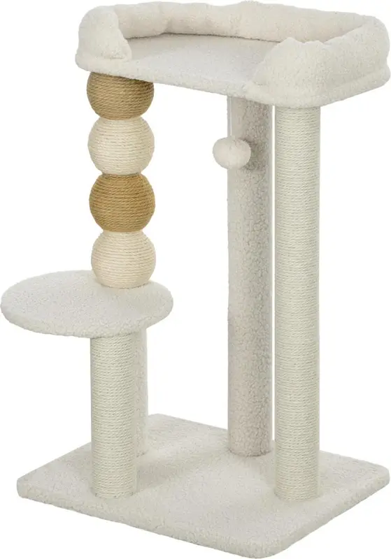 Cat Tower with Bed, Platform, and Toy Ball – Wood, Plush, and Jute – 48.5 x 40 x 76 cm – Beige