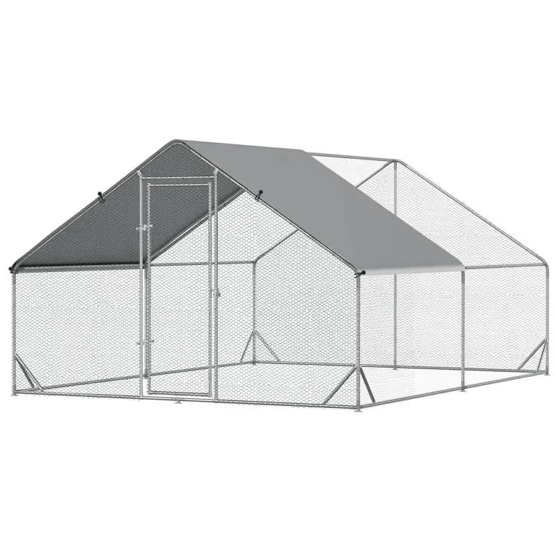 Garden Chicken Coop with Galvanized Frame, Waterproof Cover, and Hexagonal Mesh, 3x4x2 m, Silver