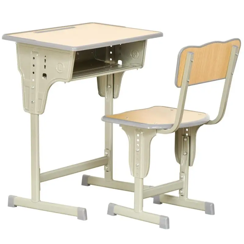 School Desk and Chair Set for Children Aged 6–12, Height-Adjustable Desk with Storage Compartment and Pen Holder, Steel and MDF, Wood-Effect Finish