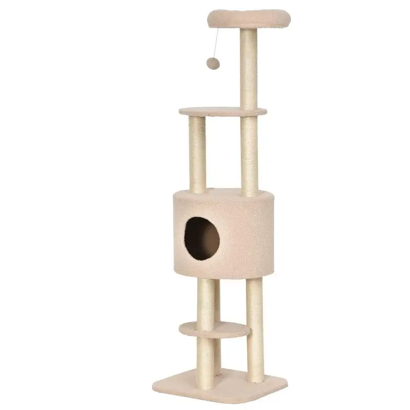 Sturdy 5-Level Cat Scratching Tree with Bed, Cat House, Toys, and Sisal Rope – Beige – Max. 30 kg