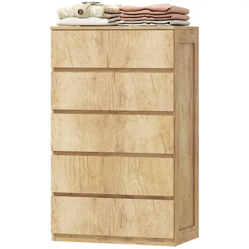 5-drawer chest of drawers, handle-free storage unit, minimalist design, 60 x 39 x 100 cm, natural wood