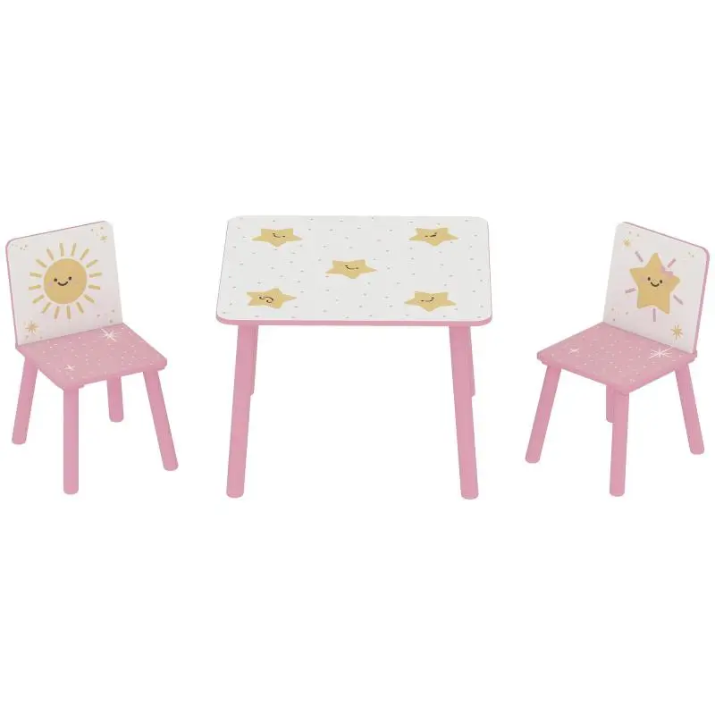 Children's table with chair, wooden table and 2-chair set, star motifs, 60 x 60 x 44 cm, pink