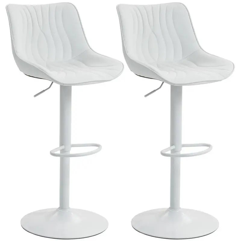 Set of 2 bar stools with steel frames, adjustable height (92–110 cm), backrest, and footrest – white.