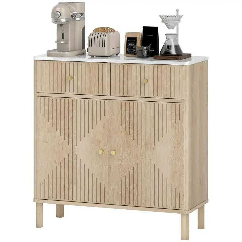 Fluted sideboard/storage unit with marble-effect top, 2 drawers, 2 doors, adjustable shelf, 77x30x80cm, oak