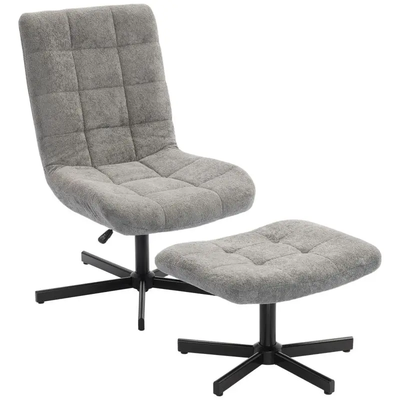 360 Degree Rotation Lounge Chair with Footstool, Adjustable Height, Reclining Backrest, Gray