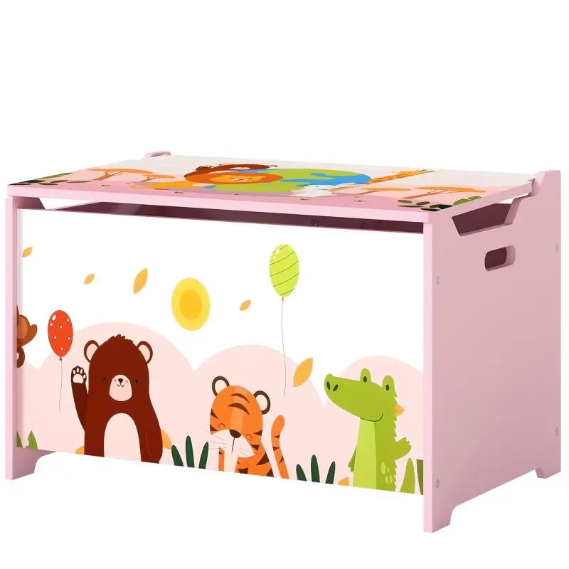 Children's toy chest / storage chest with hinged lid, animal motif, 60 x 37 x 39 cm, pink
