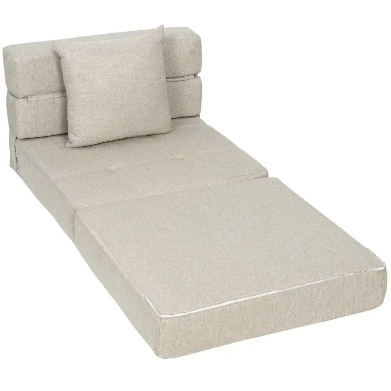 2 in 1 Convertible Chair Bed, Single Sleeper Chair with Removable Cushion, Beige