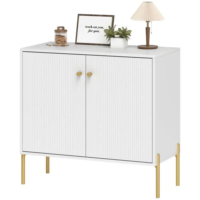 Living room sideboard, storage unit with double fluted doors, adjustable shelf, steel legs, 80 x 39.1 x 76 cm, white