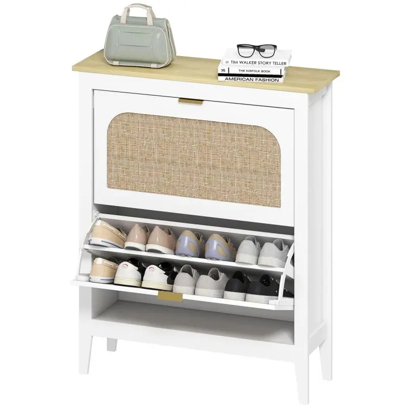 Boho-style shoe cabinet for 14 pairs with 2 tilt-out drawers and rattan-effect doors, 80 x 24 x 95.5 cm, white