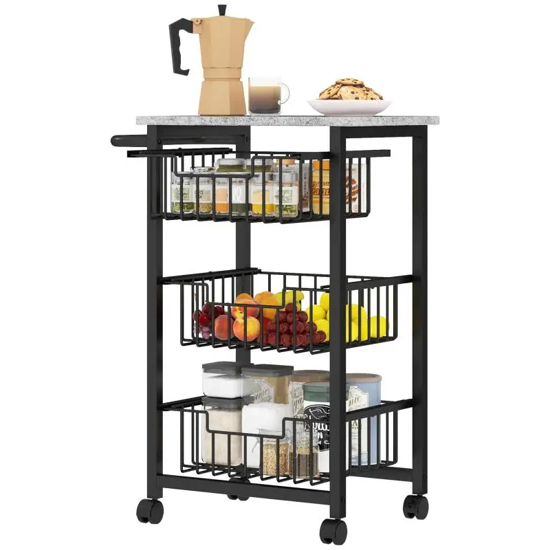 4-Tier Storage Cart, Rolling Trolley, 3 Sliding Baskets and Top Shelf, 49.5x31x69cm, Light Grey/Black
