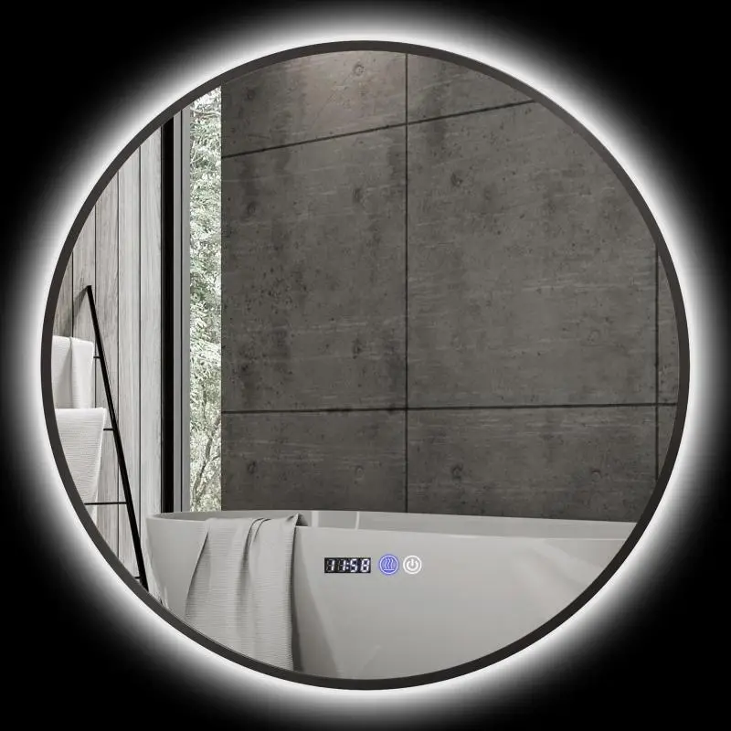 Round bathroom mirror with LED lighting, dimmable, anti-fog function, touch switch, black