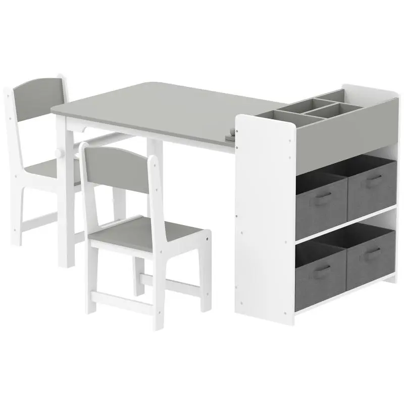 Wooden children's table and 2-chair set with paper roll, shelves, and drawers; for boys and girls aged 3–8; grey.