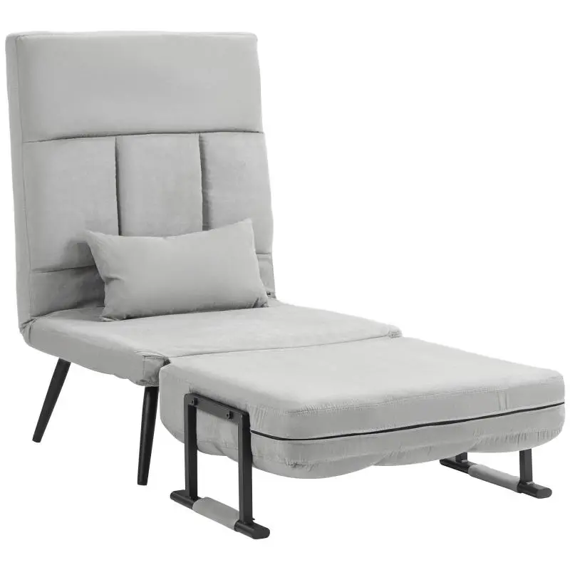 3-in-1 convertible single-bed armchair with 5-position reclining backrest, armrests, and cushion; velvet-effect fabric, grey.