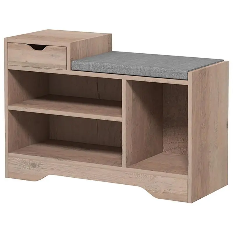 Shoe bench with 1 drawer and 3 compartments, featuring a padded cushion and a 5-pair capacity; 76.5 x 30 x 52 cm, grey.