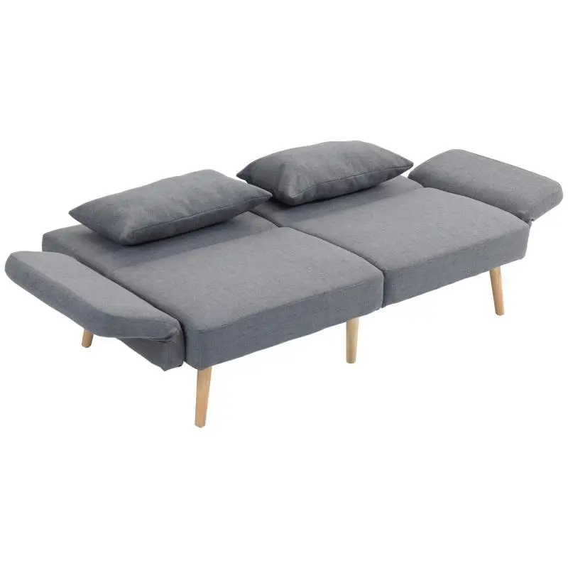 Designer 3-seater convertible click-clack sofa with reclining backrest and adjustable armrests – grey linen-effect fabric